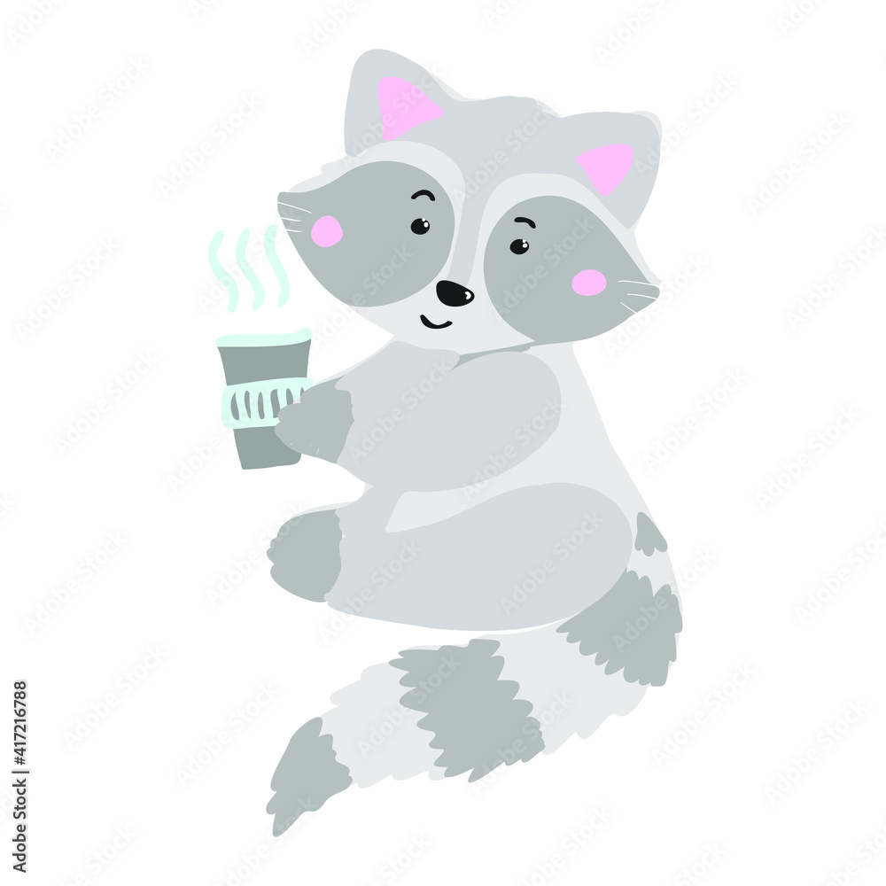 vector illustration of a raccoon drinking coffee. Raccoon isolated on a white background. vector illustration of a raccoon drinking coffee. Raccoon isolated on a white background.