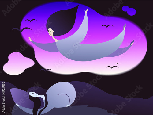 Conscious dream. Illustration showing lucid dream, flight in a dream. A funny girl sleeps and sees in a dream how she flies through the sky.
