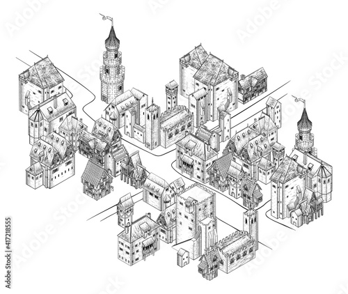 A medieval town map illustration in a vintage retro engraved woodcut etching style
