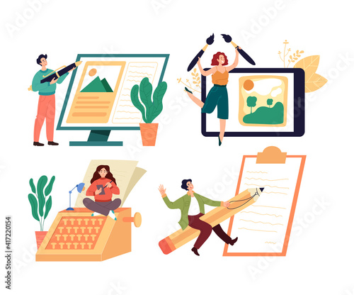 People workers characters journalist copywriter content manager blogger profession isolated set. Vector graphic design flat simple modern illustration