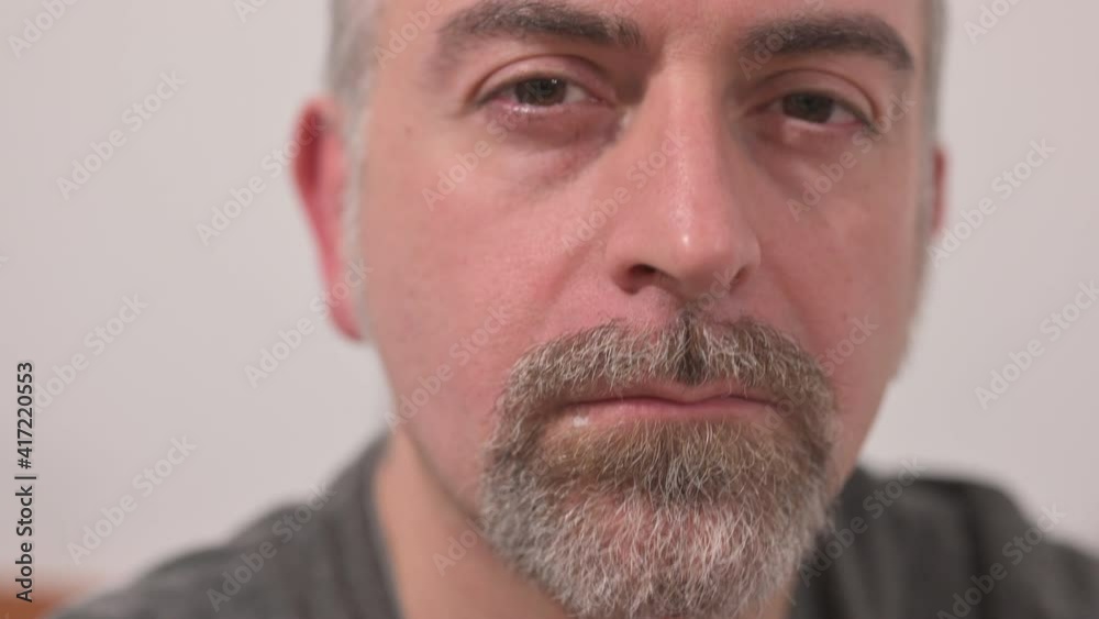 Portrait of a middle-aged Caucasian man with a grizzled beard stares into the camera while stroking his beard stares into the camera while stroking his beard, white blur background. Portrait of a middle-aged Caucasian man with a grizzled beard stares into the camera while stroking his beard stares into the camera while stroking his beard, white blur background.