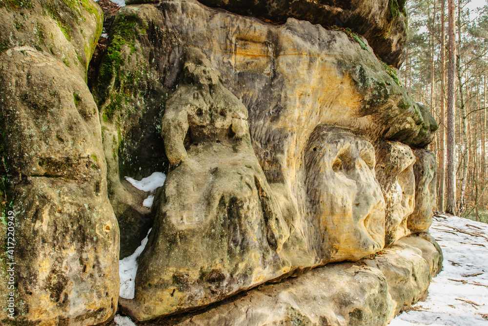Harfenice Natural Formations are large sandstone blocks of sculptures carved into sandstones.Monumental giant heads and other artworks in pine forest near Zelizy village,Czech Republic.Cliff carvings.