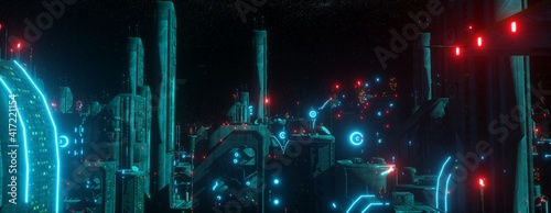 Dark neon future. Panorama of a futuristic city. Wallpaper in a cyberpunk style. 3D illustration. Huge futuristic skyscrapers glowing with neon light against the background of the night starry sky.