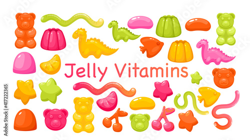 Candy chewy jelly vitamins set, colorful glossy sweet gummy juicy marmalade collection photo