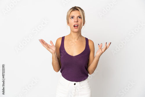 Young Russian woman isolated on white background stressed overwhelmed