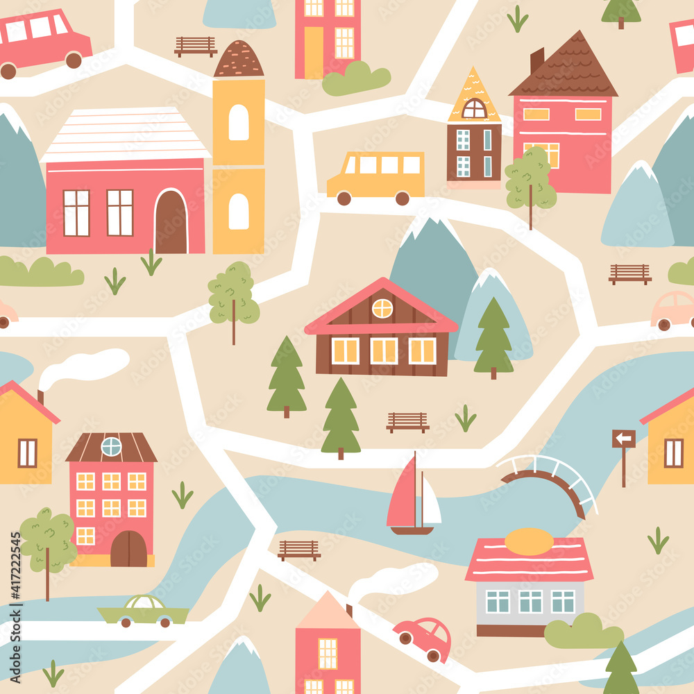 House village with river, seamless pattern texture in cute colors, community town map