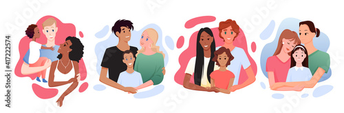 Multicultural multiracial happy family posing together, smiling with love and hugging