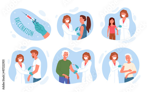 Doctor people vaccinate patients in clinic, vaccination process in hospital collection