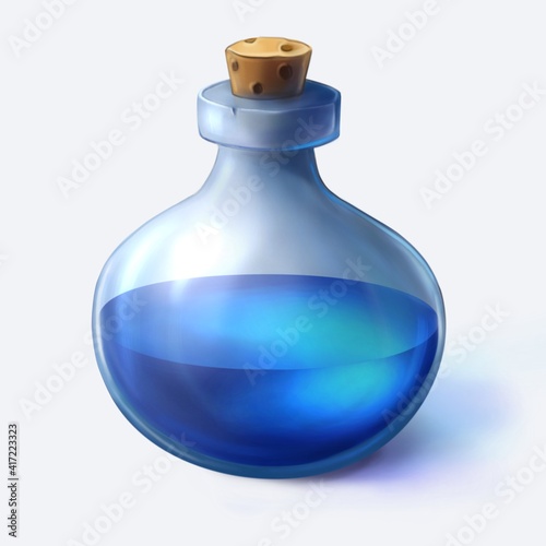 Bottle with poison. Glass bottle with blue water. Cartoon game icon of magic bottle. Chemistry symbol for research and experiments. Isolated hand drawn illustration on white background