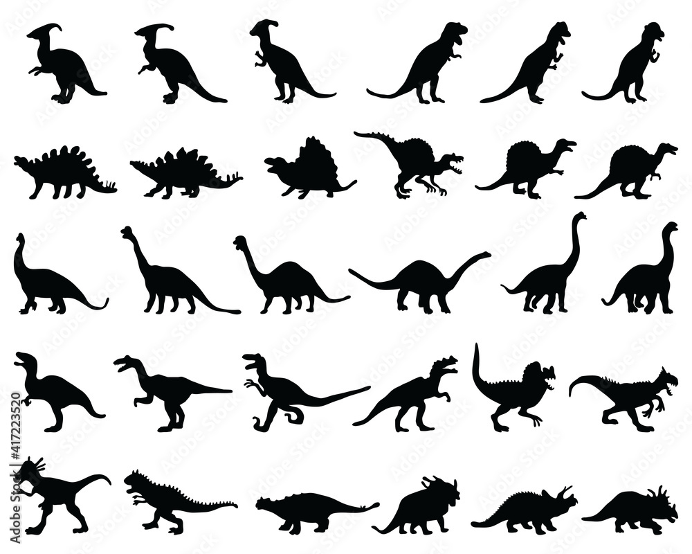 Black silhouettes  of dinosaurs on a white background