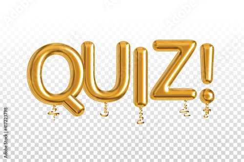 Vector realistic isolated golden balloon text of Quiz on the transparent background. Concept of trivia.