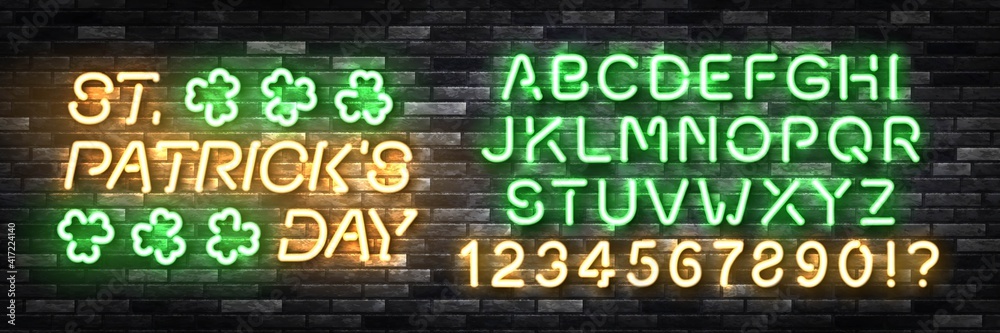 Vector realistic isolated neon sign of St. Patrick's Day logo with easy to change color font alphabet for template decoration and covering on the wall background. Vector realistic isolated neon sign of St. Patrick's Day logo with easy to change color font alphabet for template decoration and covering on the wall background.