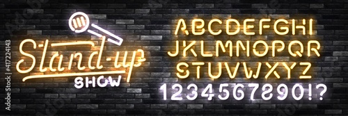 Vector realistic isolated neon sign of Stand Up Show logo with easy to change color font alphabet on the wall background. Concept of comedy and humor.