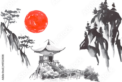 Japan traditional sumi-e painting. Fuji mountain, sakura, sunset. Japan sun. Indian ink vector illustration. Japanese picture.