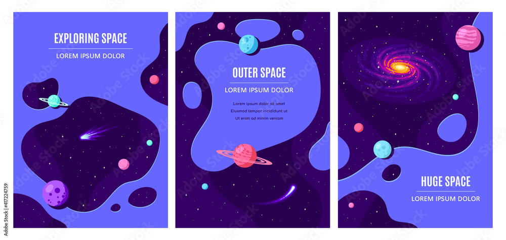 Set of Templates for Flyer, Magazine, Poster, Book Cover. Outer Space, Science, Astronomy and Astrophysich Concept Design. Flat Style Vector Illustration