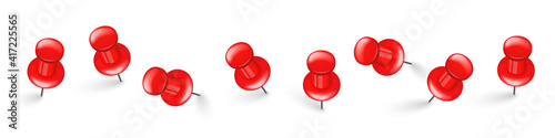 Realistic red push pins. Board tacks isolated on white background. Plastic pushpin with needle. Vector illustration.