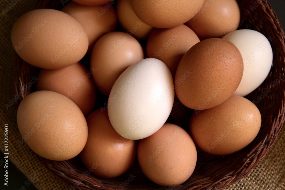 Colorful eggs in a basket. Easter eggs. Top view. Colorful eggs in a basket. Easter eggs. Top view.