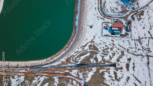 Mountain lake Drone Aerial View Snow