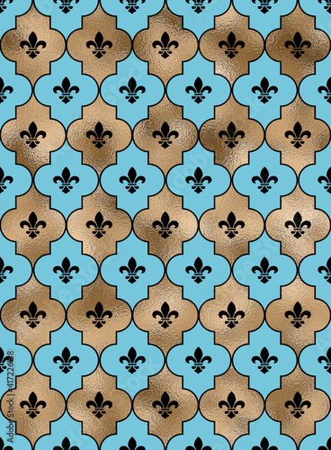 Seamless background with lily fleur de Lis. Turquoise blue gold pattern with heraldic symbol fleur-de-lis. Modern abstract pattern. Illustration