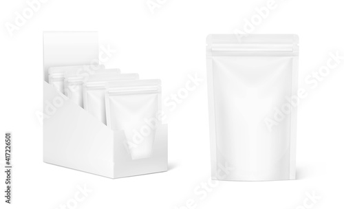 Show box with pouch toy pack packaging mockups for food, cosmetic and hygiene. Vector illustration on white background. Ready for your design. EPS10.	
