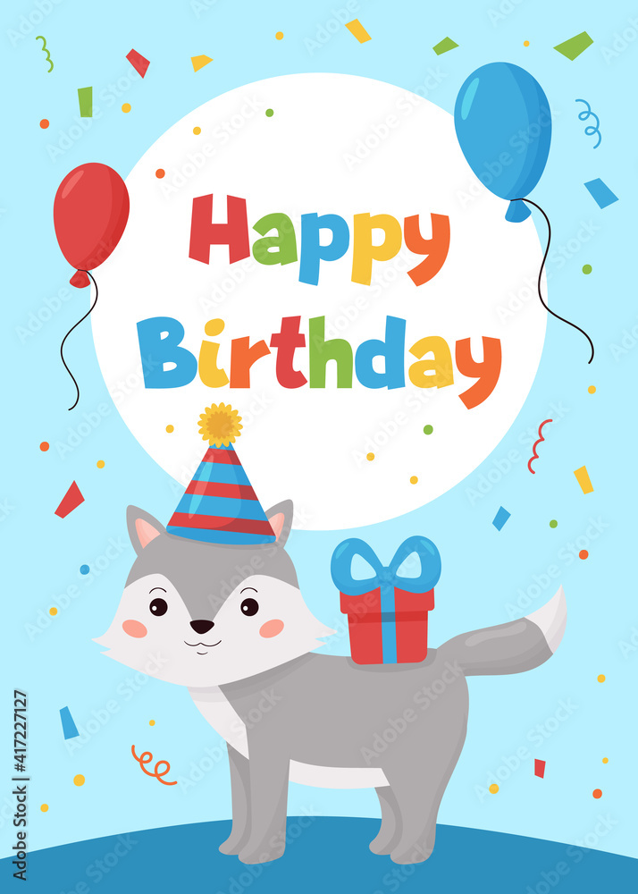 Greeting card for children. Happy Birthday party invitation. Forest animals. Cute cartoon wolf with gift and balloons.