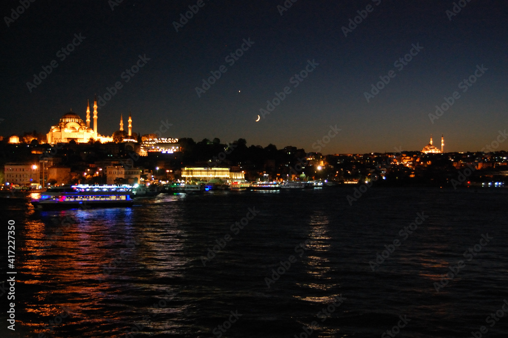 Night view from the Galata Bridge, in Istanbul (Turkey). Golden horn