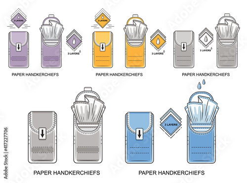 Pocket paper disposable handkerchiefs icon set. Pack of cleaning dry wipes. Small closed and open tissues package. 3 layers mini napkins for skin or nose hygiene. Label for packing design. Flat vector