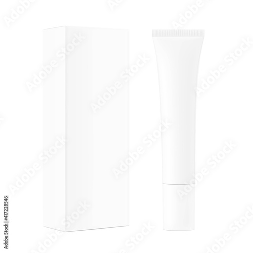 Blank plastic tube mockup with box. Vector illustration isolated on white background. Can be use for your design, advertising, promo and etc. EPS10. 