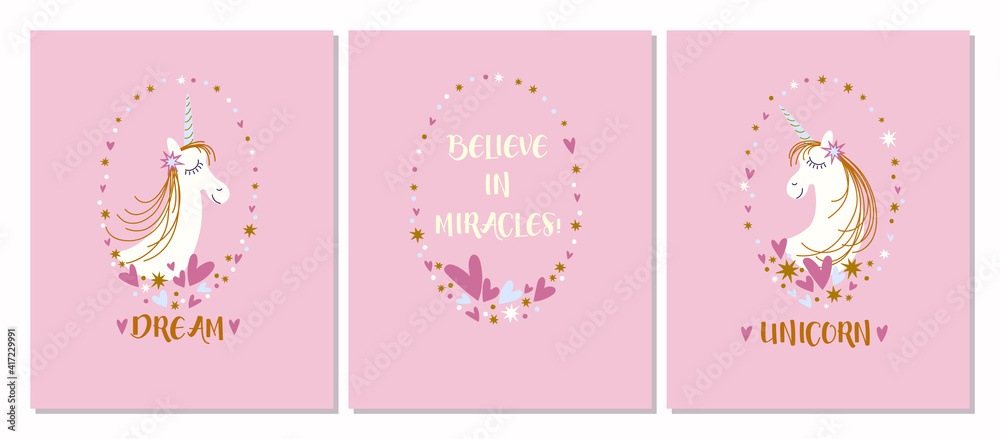 Set of cards with a cute unicorn for children's party and birthday. Believe in miracles.