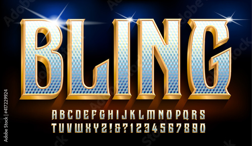 Bling is an ornate alphabet with golden framing and a bejeweled interior