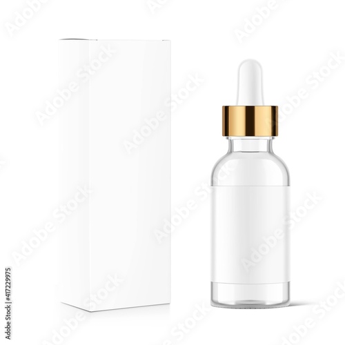 Dropper bottle with metal cap mockup isolated on white background. Vector illustration. Front view. Сan be used for cosmetic, medical and other needs. EPS10	