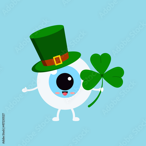 St Patrick eyeball in leprechaun hat and shamrock in hand. Ophthalmology irish character with three leaves clover, green cylinder hat. Flat design cartoon eye ball celebration vector illustration.