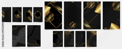 Set of smooth lines romantic gold wedding invitations on a dark background. Golden sale and arabesque pattern on dark banner trend gradient