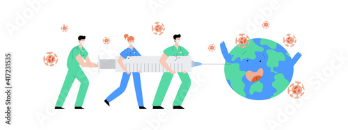 Doctors and nurses fight coronavirus with covid-19 vaccine. People carry big syringe with antivirus shot and inject pathogen. Healthcare, coronavirus, prevention and immunize. Stop covid pandemic.