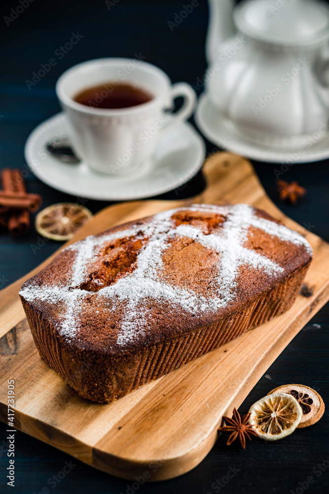 Homemade banana bread with jam and copy space. Homemade banana bread with jam and copy space.