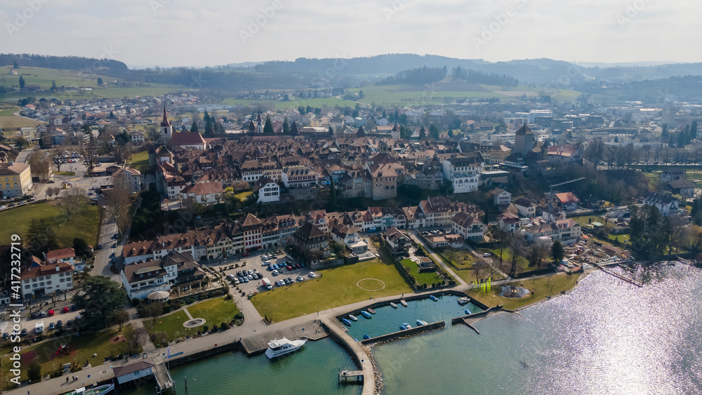 aerial, aerial view, ancient, architecture, building, canton, church, city, cityscape, europe, european, fortification, freiburg, heritage, historic, historical, history, house, lake, lake morat, land