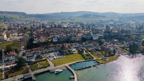 aerial, aerial view, ancient, architecture, building, canton, church, city, cityscape, europe, european, fortification, freiburg, heritage, historic, historical, history, house, lake, lake morat, land