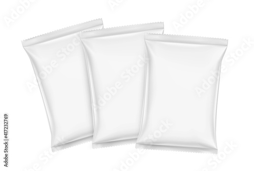 Hight realistic flow packaging mockups. Vector illustration. Can be use for your design, promo, adv and etc. Possibility for food, pharmaceutical, cosmetic. EPS10.	