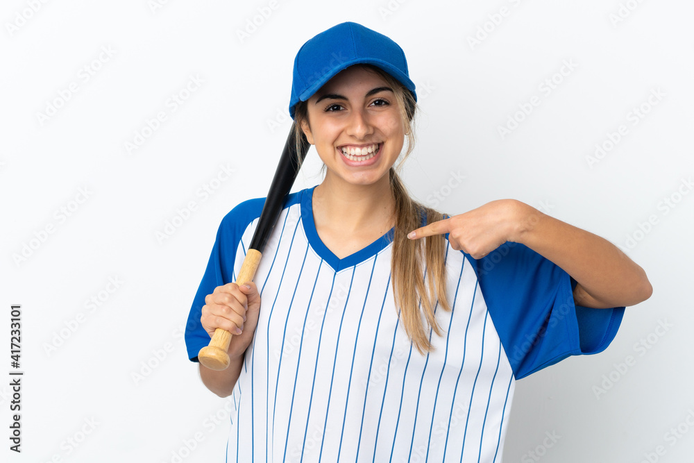 Young caucasian woman isolated on white background playing baseball and with surprise facial expression Young caucasian woman isolated on white background playing baseball and with surprise facial expression