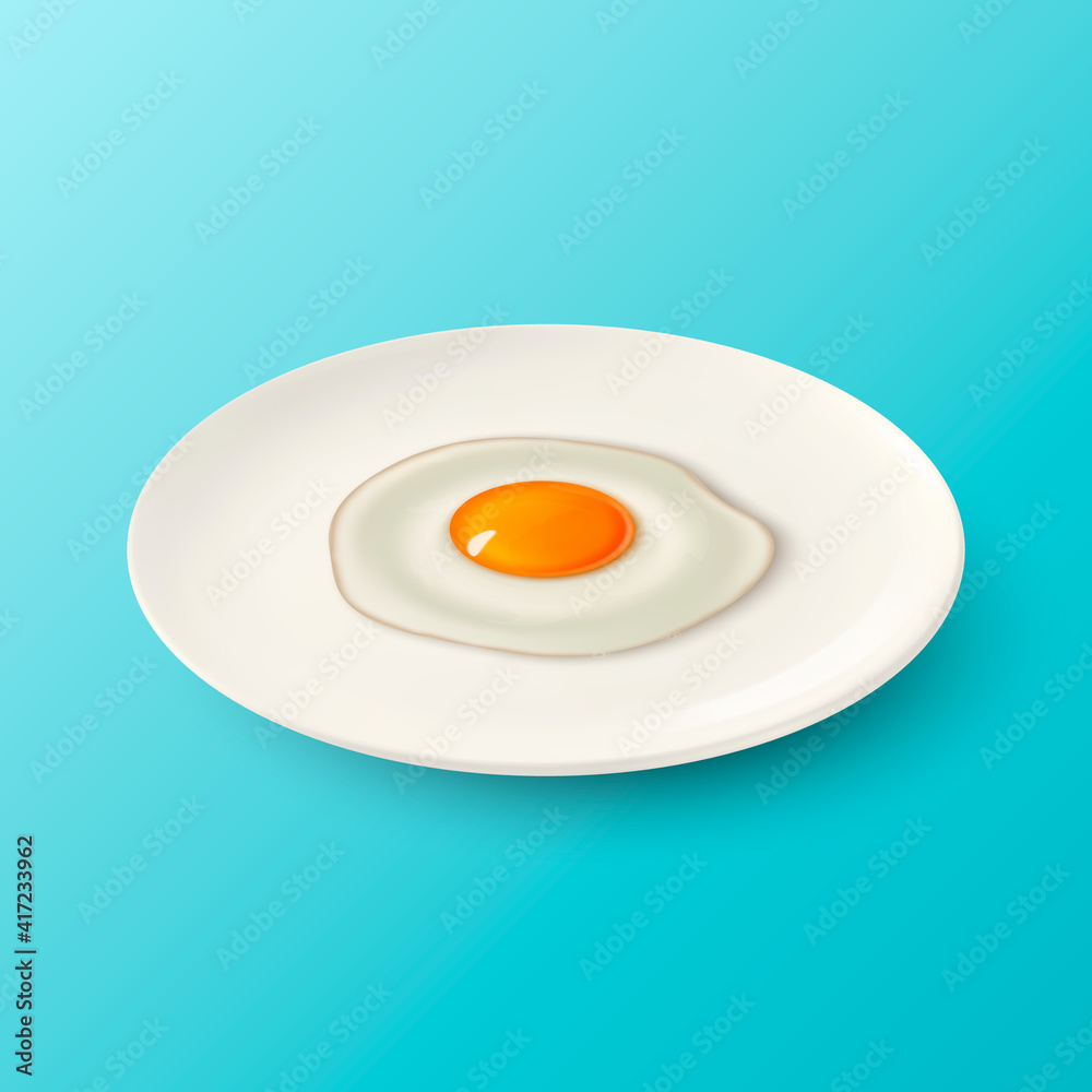 Vector 3d Realistic White Porcelain, Ceramic Plate and Fried Egg, Omelette Closeup on Blue Background. Design Template for Mockup. Stock Vector Illustration. Front, Top, Side View Vector 3d Realistic White Porcelain, Ceramic Plate and Fried Egg, Omelette Closeup on Blue Background. Design Template for Mockup. Stock Vector Illustration. Front, Top, Side View