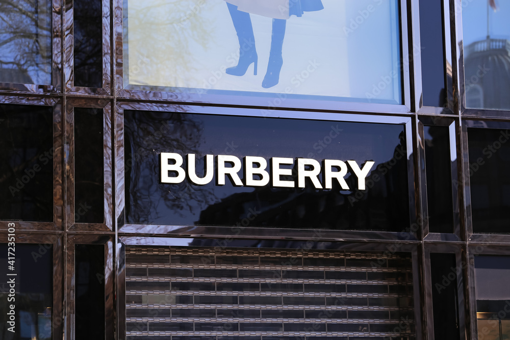 Düsseldorf, Germany - February 9. 2021: View on sign with logo lettering of  burberry fashion label at store front Stock Photo | Adobe Stock