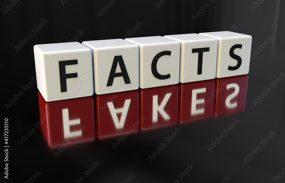 Obraz premium Dark dice with word facts and mirrored word fakes