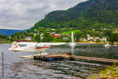 Seaplane on the jetty in town Fagernes Norway. photo
