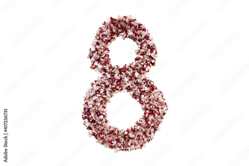 number eight made of dried fallen sakura petals isolated