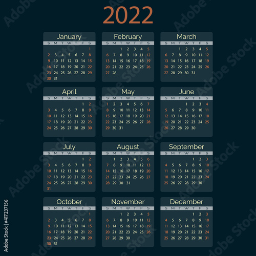 Dark vector calendar 2022 year. Minimal simple design. Rich black classic grid, week starts from sunday.
