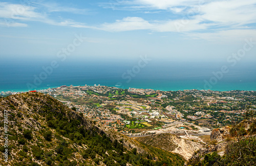 Panoramic view of the town of Benalmadena and Costa del Sol coastline, Malaga Province, Spain