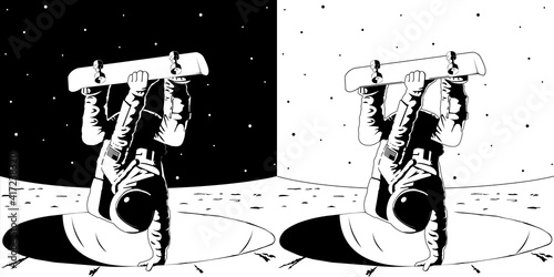 Vector Astronaut with american flag chevron on spacesuit riding a skateboard in the crater bowl on the bright side of the Moon Performs the trick indy grab lien crossbone frontside