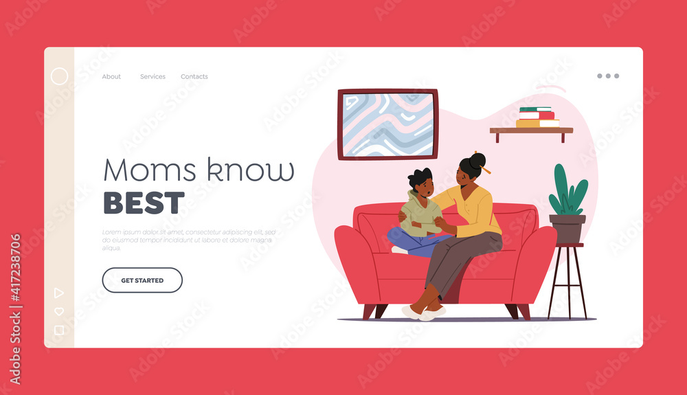 Mother Comforting Child Sit on Sofa Landing Page Template. Mom and Son Talking of Problems, Parent Character Support