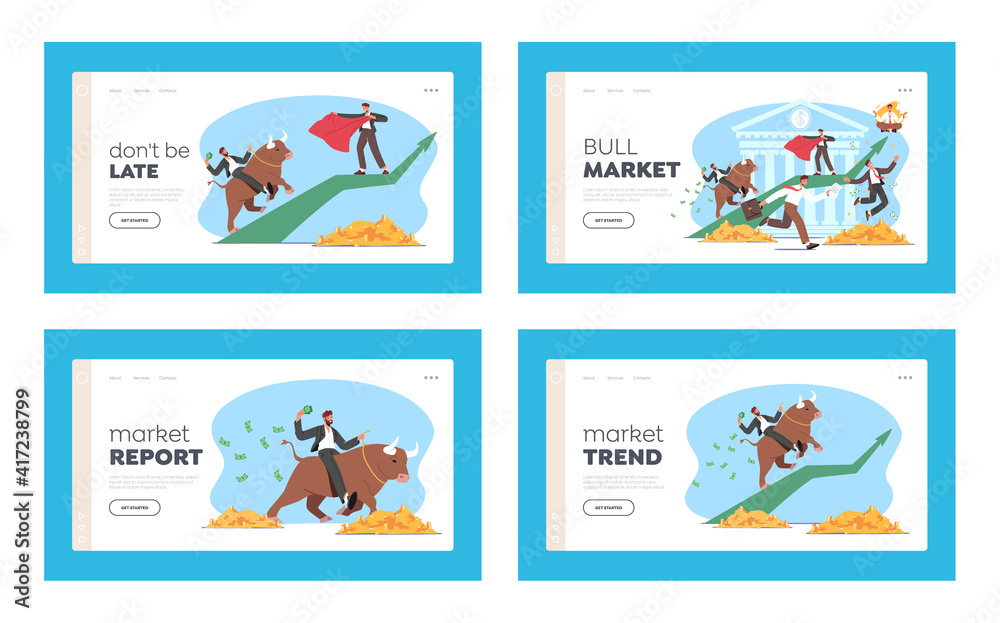 People Trading on Bull Stock Market Landing Page Template Set. Brokers Analyse Global Fond for Buying and Selling Bonds