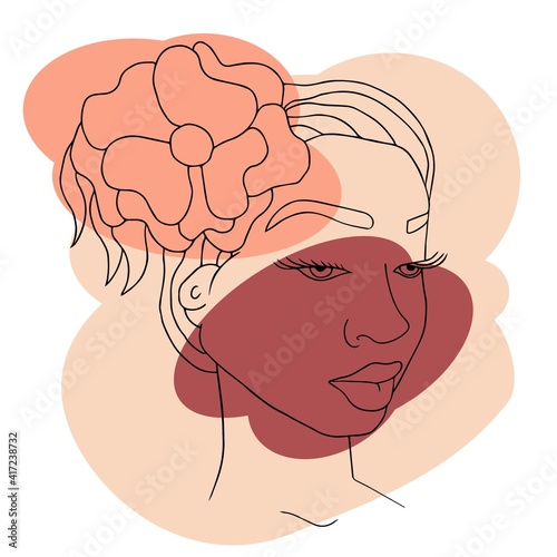 Abstract woman face with flower in hair one line drawing. Portrait minimalistic style. Modern abstract face with abstract shapes. Minimalism concept. Line art drawing style. Contemporary silhouette of